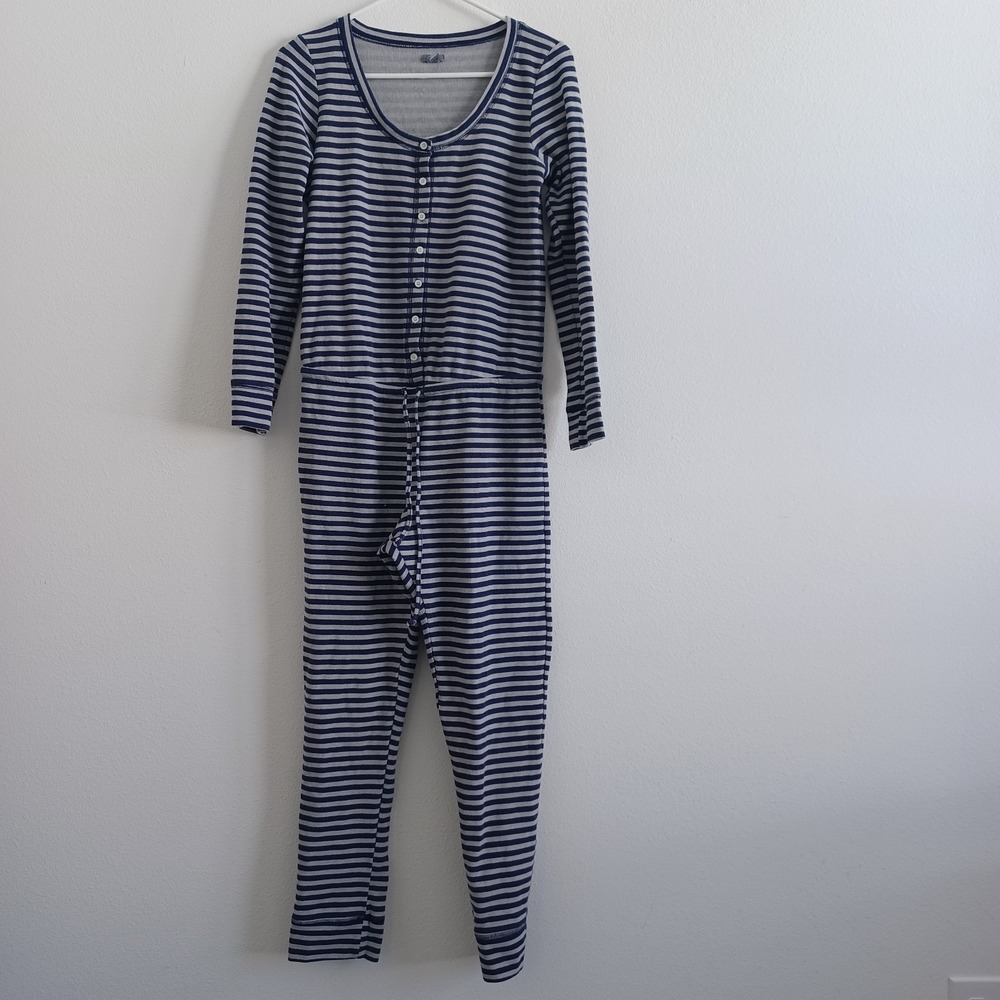 Aerie Pajama Womens M Blue Stripe Full Body Sleepwear 1 Piece Stretch Drawstring